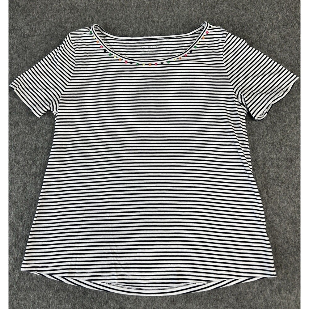 Large Talbots Navy White Striped Pom Pom Trim Round Neck Women’s Tee